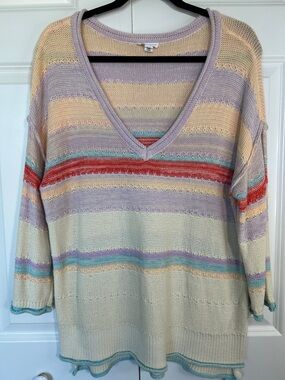 Tribal V-Neck Striped Knit Sweater in Cream, Lavender, Aqua, Red
